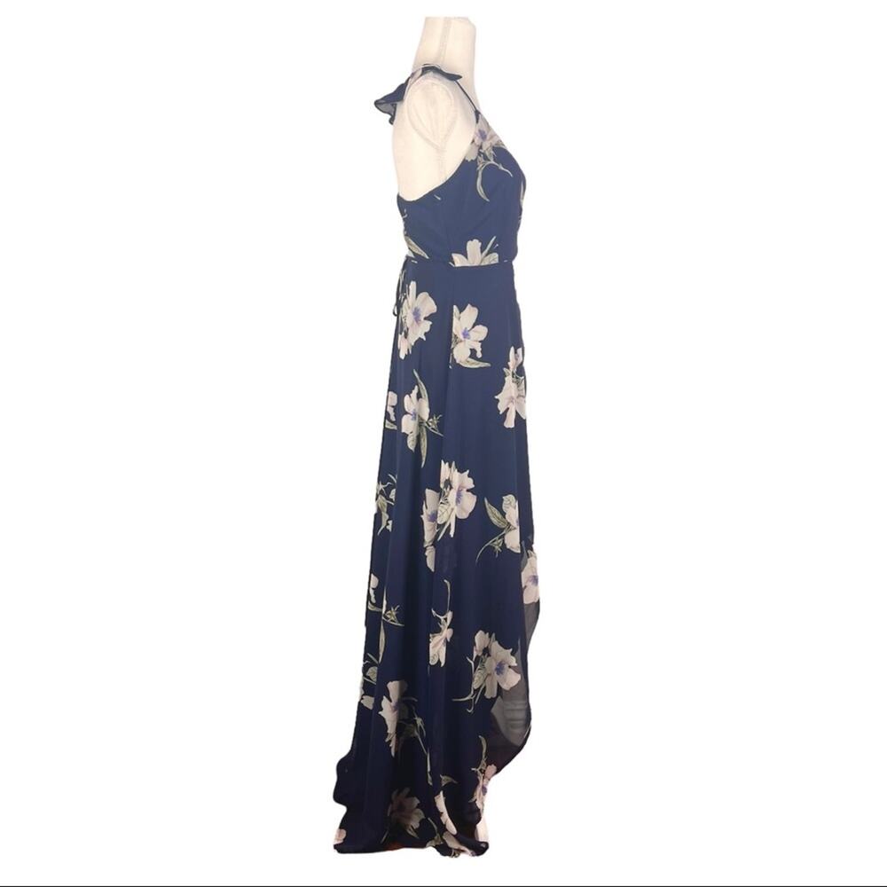 Lulus Wrap Dress Women Small Navy Floral High Low Maxi Ruffle Chiffon Summer - Picture 9 of 15